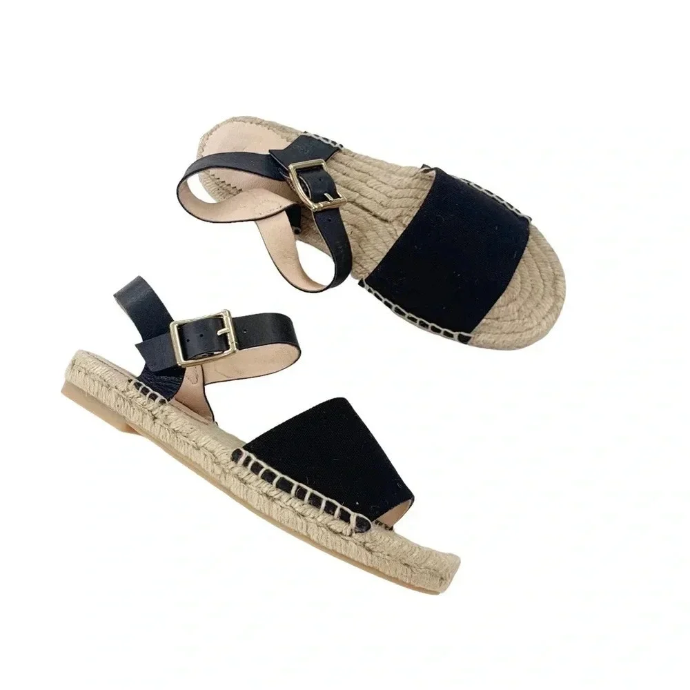 J. Crew Leather and Canvas Made in Spain ankle strap espadrille Black Size 5 NWT